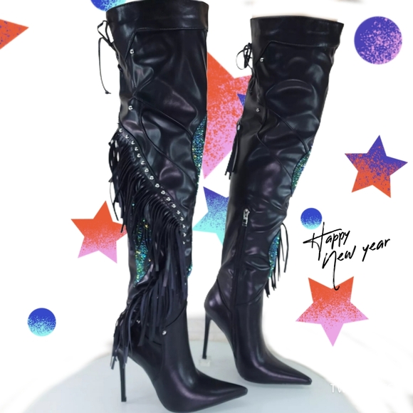 NWT BLACK LEATHER PEACOCK BLUE RHIBESTONE FRINGED TALL BOOTS